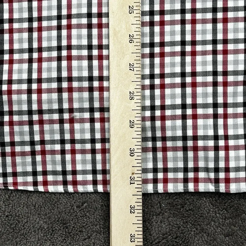 Banana Republic Men L Camden Fit Non-Iron Red Gray Black Herringbone Plaid Shirt